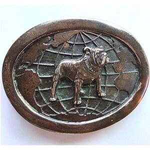 Vintage Keith Smykal NYC Bulldog Dog Bronze Tone Belt Buckle World Globe